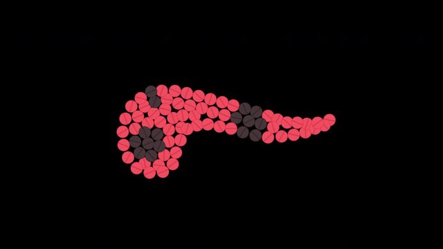 Pancreatitis awareness animation with pills forming pancreas. Medical solidarity concept. Human body organ treatment. Cartoon motion graphics with alpha channel.
