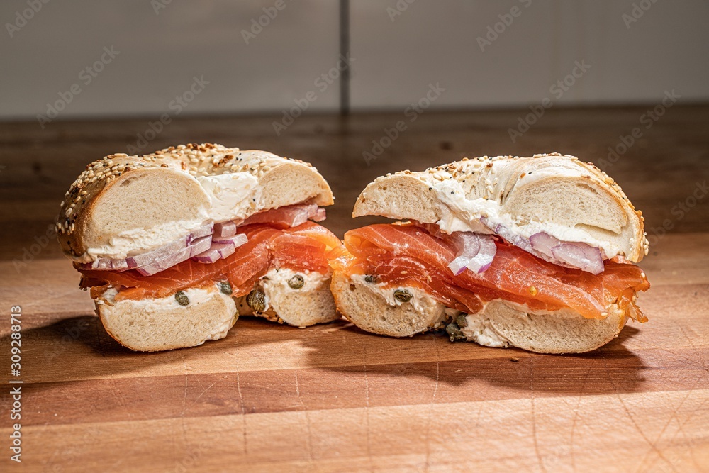 Poster closuep shot of delicious bagels split into two parts - perfect for a food blog