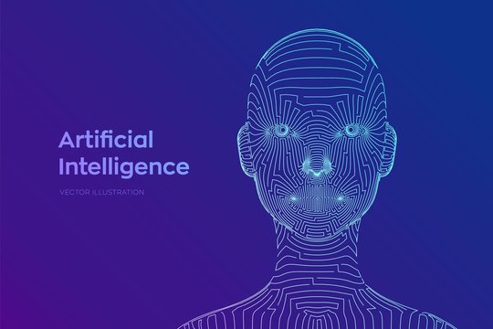 AI. Artifactial intelligence concept. Abstract digital human face. Human head in robot digital computer interpretation. Robotics concept. Wireframe head concept. Digital brain. Vector illustration.