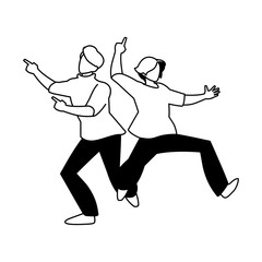 silhouette of men in pose of dancing on white background