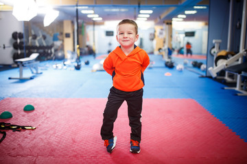 Portrait of a child posing in the gym. Theme is children's physical development. A sportsman boy in sportswear is looking at the camera. Childhood and Health