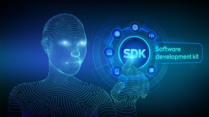 SDK. Software development kit programming language technology concept on virtual screen. Technology Concept. Wireframed cyborg hand touching digital interface. AI. Vector illustration.