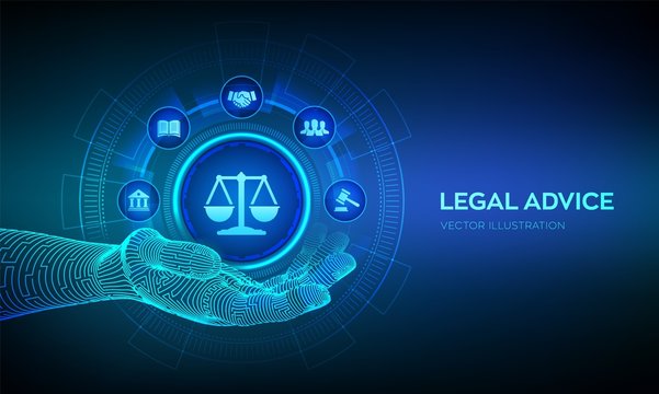 Labor law, Lawyer, Attorney at law, Legal advice concept on virtual screen. Internetlaw and cyberlaw as digital legal services or online lawyer advice. Law sign in robotic hand. Vector illustration.