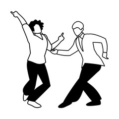 silhouette of men in pose of dancing on white background