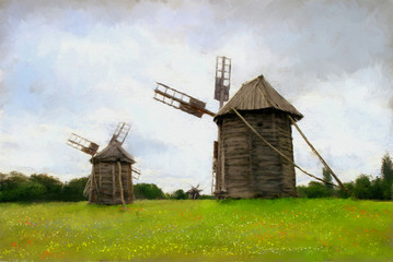 Oil paintings rural landscape, old wooden windmill in the field. Fine art
