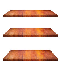 Set of empty brown wooden shelf table on white background. for montage of your product for design
