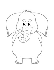 cartoon elephant with a flower. line drawing