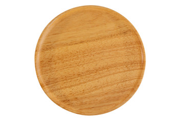 Flat lay of round wooden tray in isolated white background with clipping path
