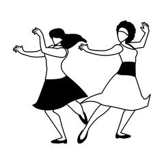 silhouette of women in pose of dancing on white background