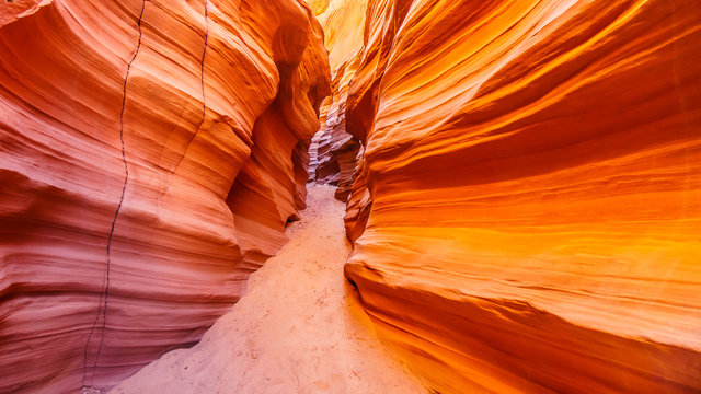 The smooth curved Red Sandstone walls caused by water erosion in Mountain Sheep Canyon. Mountain Sheep Canyon is one of the famous Slot Canyons in the Navajo lands near Page Arizona, United States