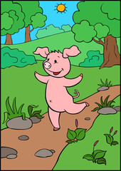 Cartoon farm animals. Colorful. A cute little pig runs along the road and laughs.