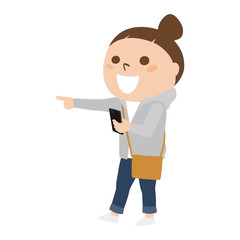 若い女性のイラスト。スマホを見ながら方向を確認している女性。