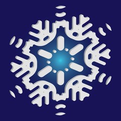 Paper cut isolated snowflake on blue background.