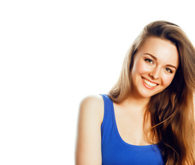 young pretty teenage hipster girl posing emotional happy smiling on white background, lifestyle people concept