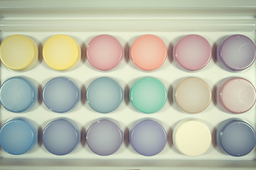 A new box with multi-colored paints for painting on the back. For the whole photo