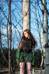 young pretty sensual girl with fashion makeup posing in birch tree forest, lifestyle people concept