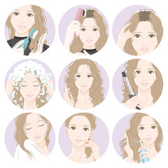ヘアケアをしている女性のイラスト