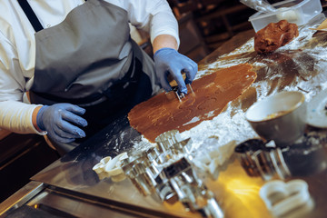Making of Christmas gingerbread cookies in the restaurant. High ISO shallow depth of field image)