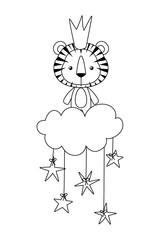 Cute tiger with corwn over cloud and stars vector design