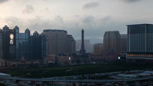 Macau Cotai aerial cityscape day timelapse pan up