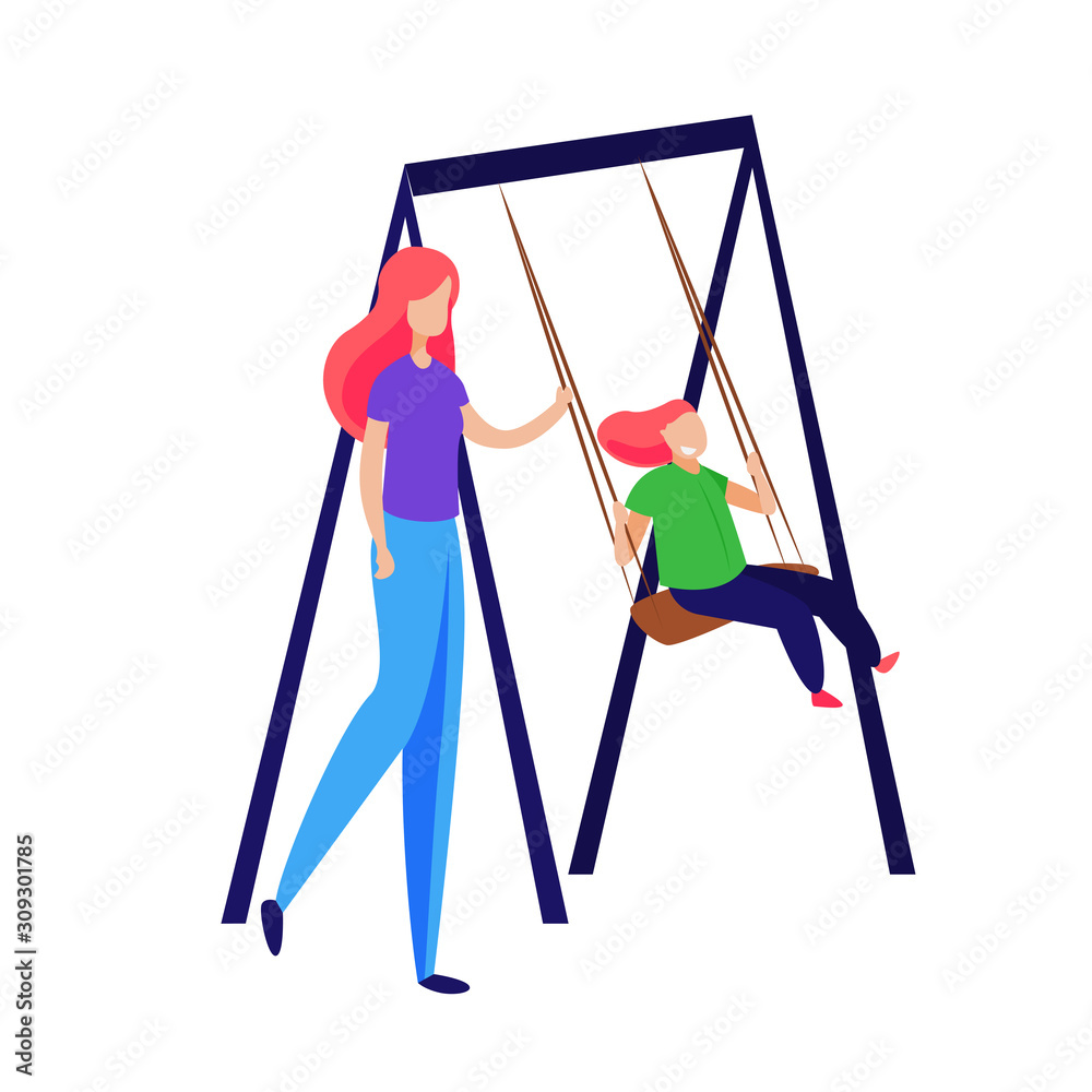 Wall mural mother swinging daughter on swings