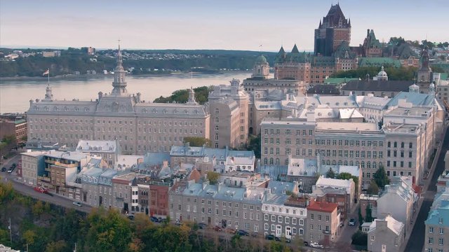Aerial: establishing shot of Old Quebec city skyline, Quebec, Canada.