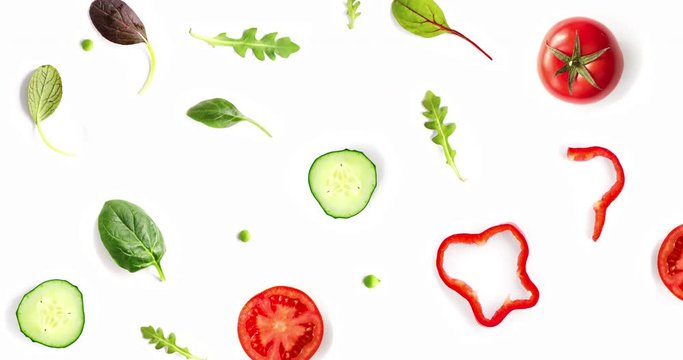 Motion animation with vegetables. vegetables animation on the white background. Top view 4k.