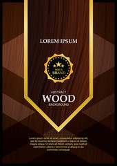 Abstract wooden & golden theme background template with brand badge. For product certificate or brochure. Vector illustration.