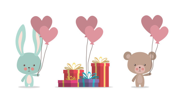 Cute rabbit and bear with gifts vector design