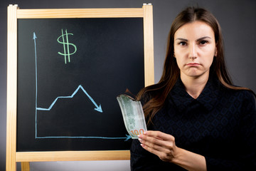 The graph of the fall of the dollar is drawn on a black chalkboard, a sad woman is standing next to her and holding a burning note in the amount of 100 dollars. The foreign exchange financial market.