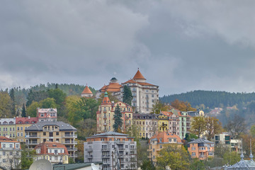 Scenic aerial view of Karlovy Vary - small ancient touristic resort town near the border between...