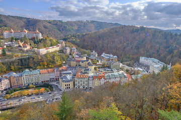 Scenic aerial view of Karlovy Vary - small ancient touristic resort town near the border between...