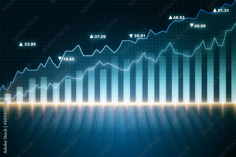 Poster financial chart on dark background with reflections, trading concept. 3d rendering