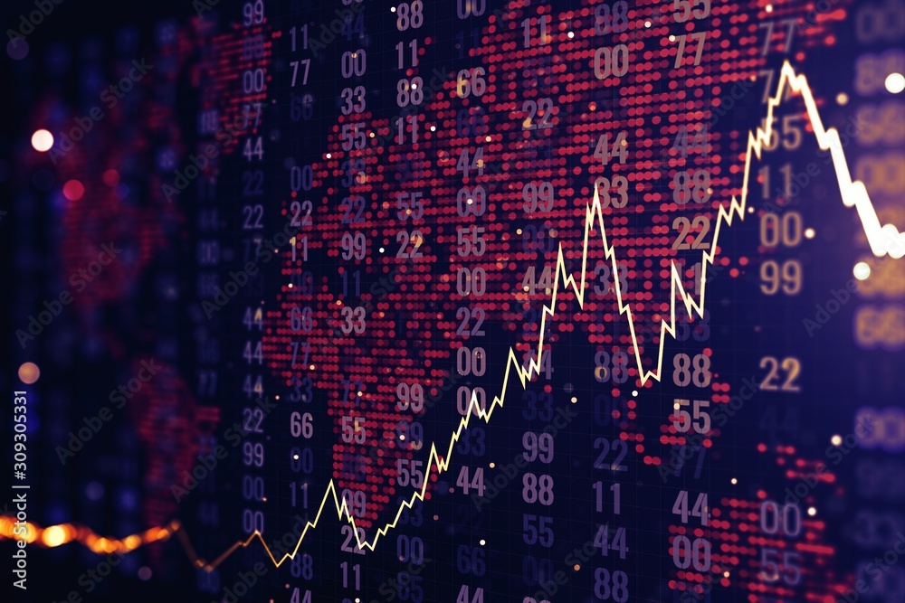 Poster Trading and statistics concept with financial chart, digits and blurry background. 3D Rendering