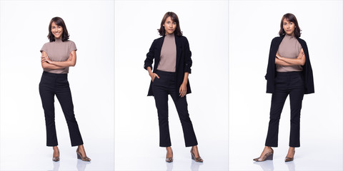 Collage Group Pack of Fashion Young mother 30s indian / Asian Woman black curl short hair beautiful make up purple dress posing attractive many looks smile. Studio Lighting white Background isolated