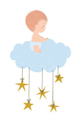 Cute baby boy over cloud and stars vector design