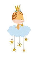 Cute giraffe with crown cloud and stars vector design