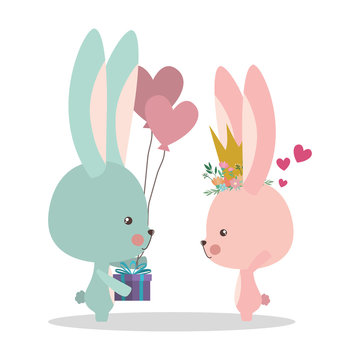 Cute rabbits cartoons with gift vector design