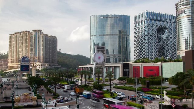 Cotai Macau street traffic cityscape day timelapse pan up