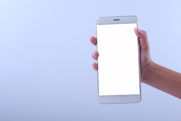Man holding a white mobile phone with white screen isolated on white background