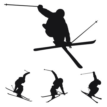 Vector Silhouettes Of Extreme Snow Skiing Stunts.