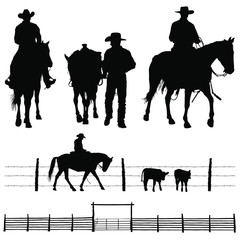 A vector silhouettes of a working ranch cowboy and his horse. - obrazy, fototapety, plakaty
