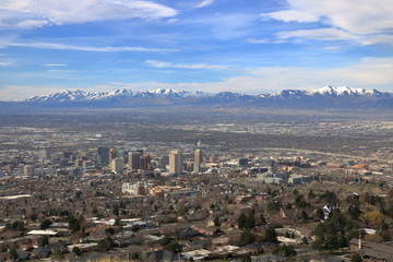 Downtown Salt Lake City with snowcapped mountains in the background