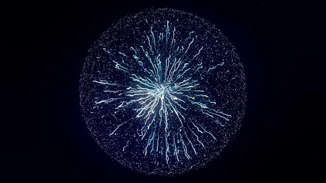 Abstract concept of electric power. Animation. Beautiful abstract lightning and bright light in energy ball with zippers on the black background.