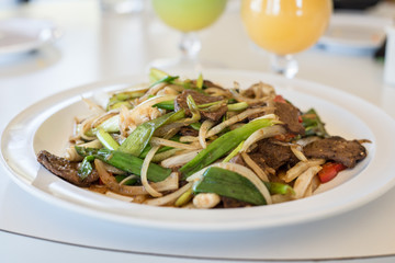 Close-up of vegan protein soy meat with spring onions