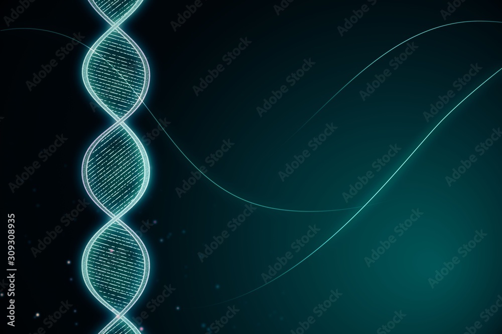 Poster dna illustration with copyspace on dark background. 3d rendering