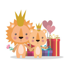 Cute lion and lioness cartoon vector design