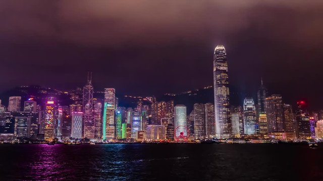 Symphony of Lights Panorama of Victoria harbor of Hong Kong city, from day to night. 4K