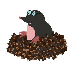 A mole in glasses climbed out of the earth embankment. Isolated on a white background, stock vector graphics.