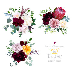 Dusty pink, yellow and creamy rose, magenta protea, burgundy and white peony flowers